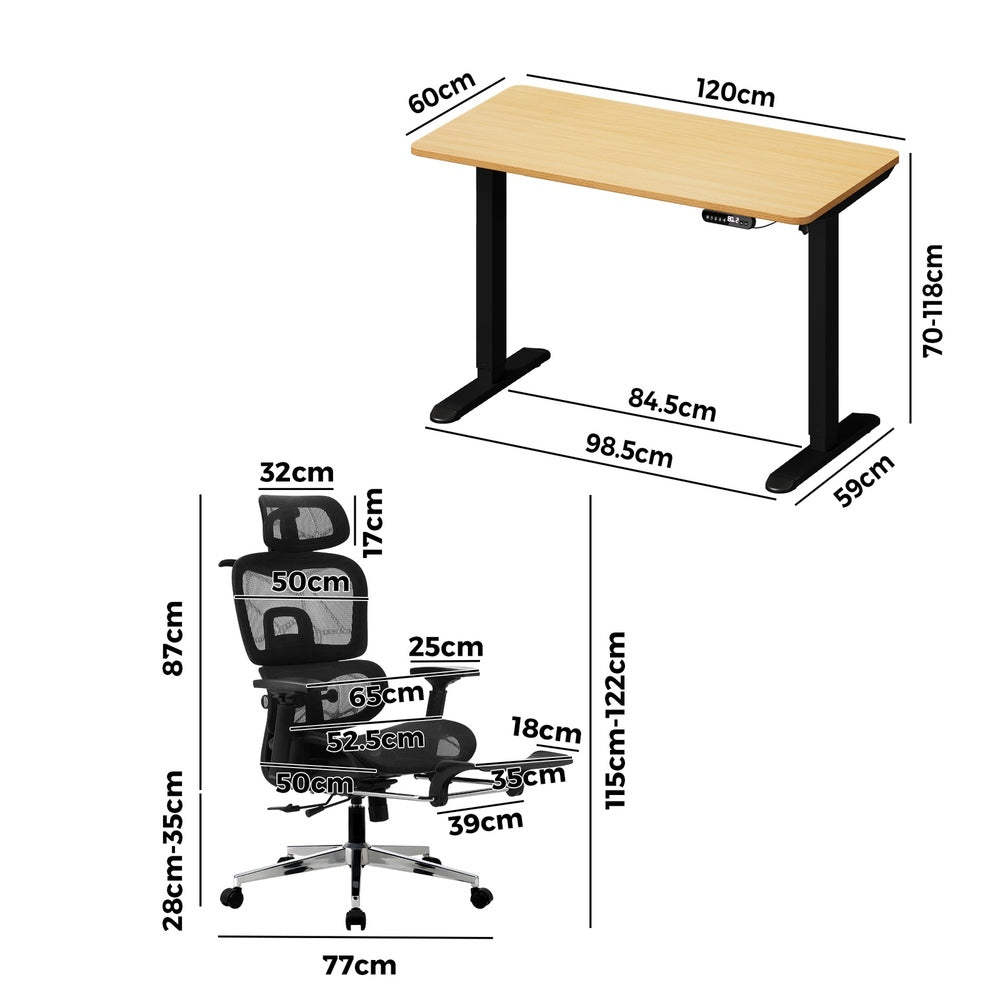 Oikiture Office Desk and Chair Set Mesh Ergonomic Chair Sit-stand Desk Black &amp; Oak-Office Set-PEROZ Accessories