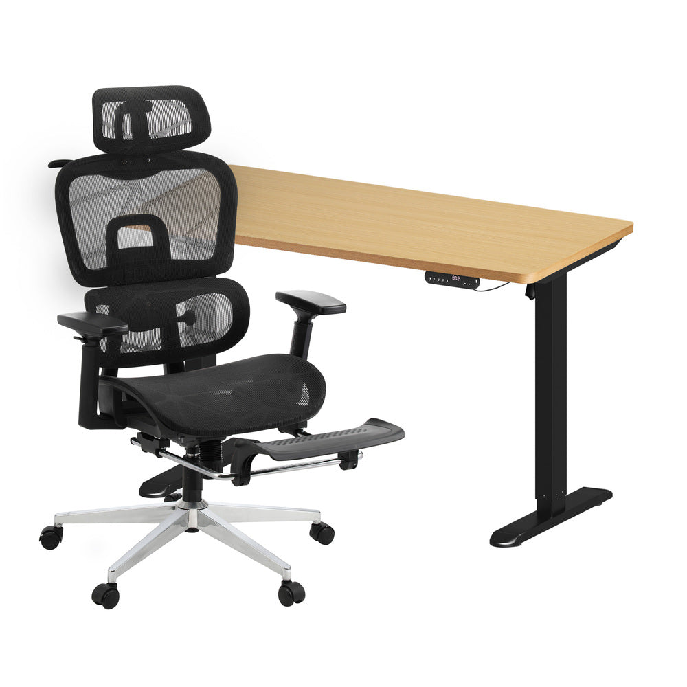 Oikiture Office Desk and Chair Set Mesh Ergonomic Chair Sit-stand Desk Black &amp; Oak-Office Set-PEROZ Accessories