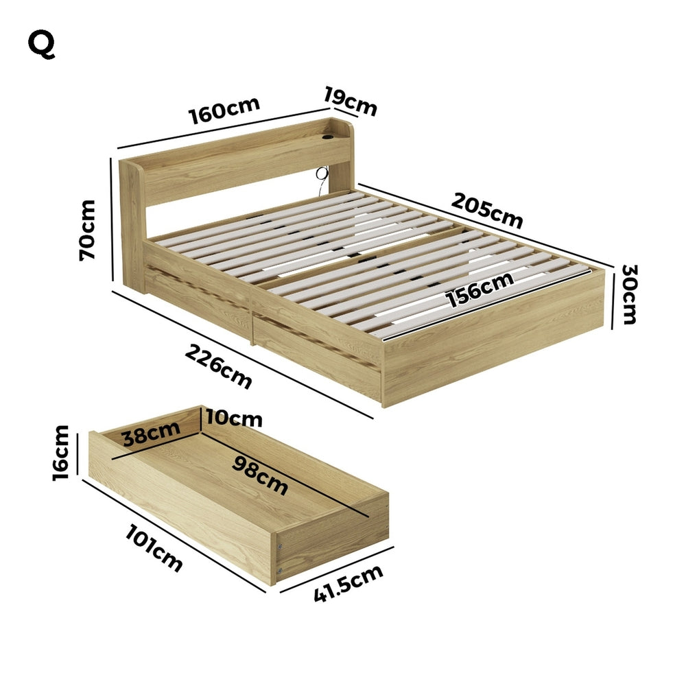 Oikiture Queen Size Bed Frame with Charging Ports &amp; 2 Drawers-Bed Frame-PEROZ Accessories