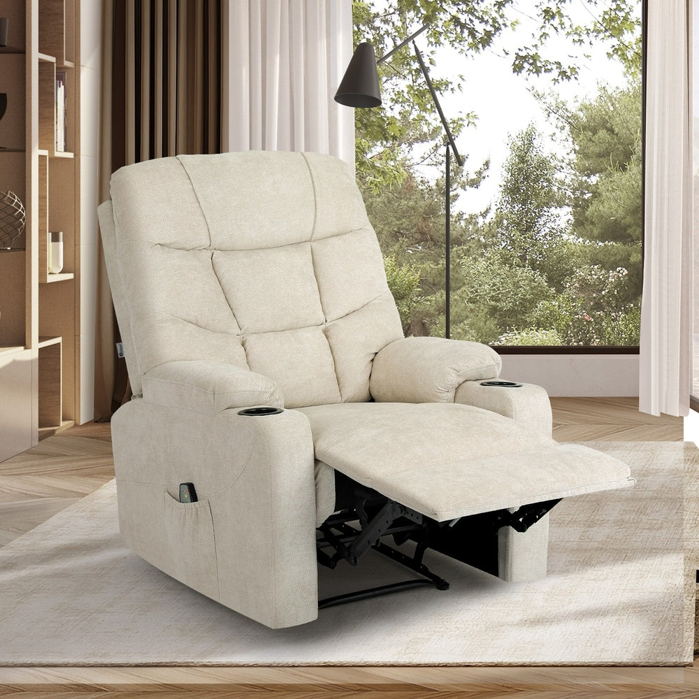 Oikiture Recliner Chair Electric Massage Chairs Heated Polyester Beige-Recliner Chair-PEROZ Accessories