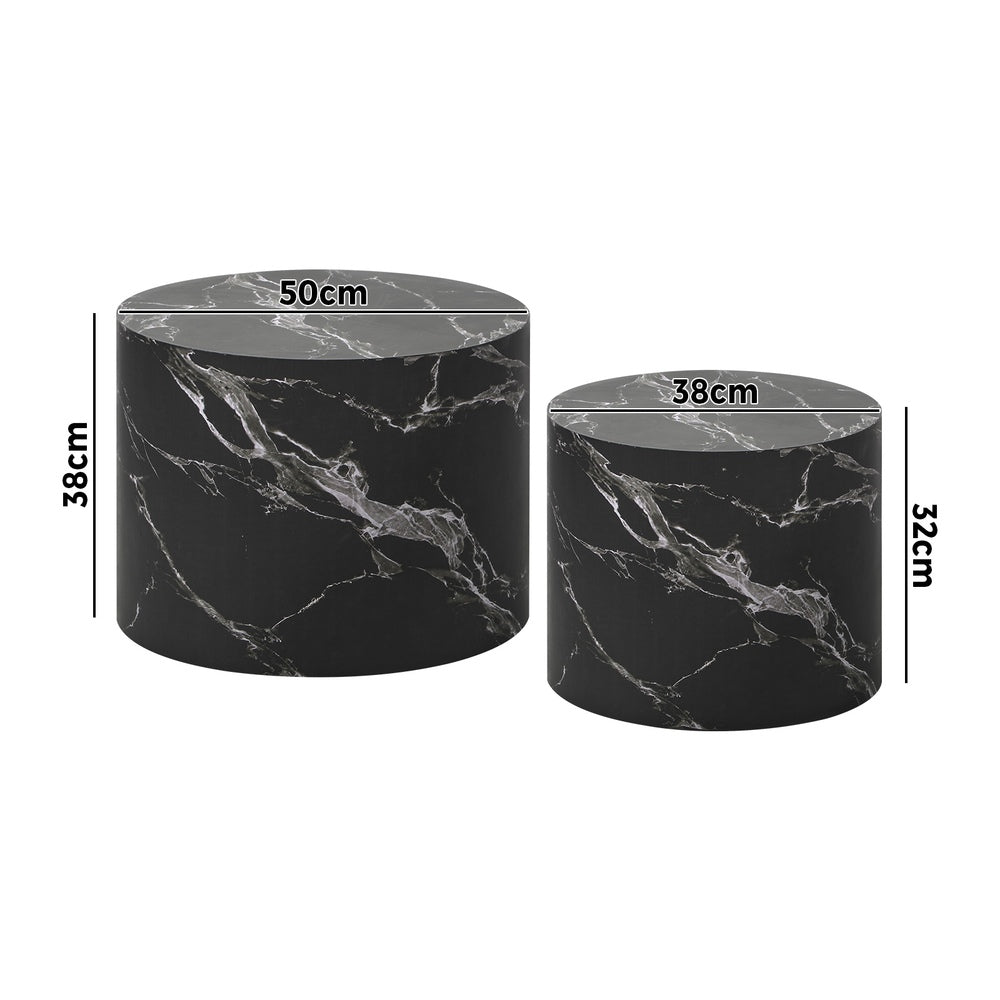 Oikiture Round Coffee Table Set of 2 Marble Effect Black-Coffee Table-PEROZ Accessories