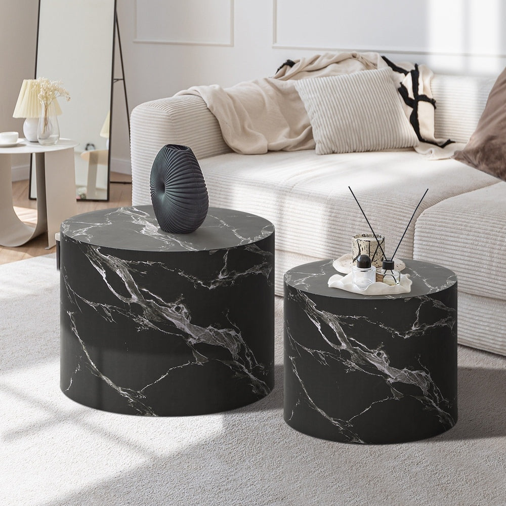 Oikiture Round Coffee Table Set of 2 Marble Effect Black-Coffee Table-PEROZ Accessories
