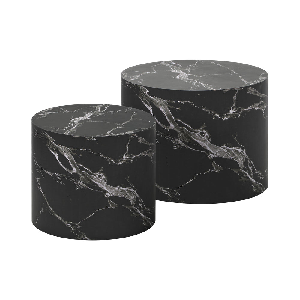 Oikiture Round Coffee Table Set of 2 Marble Effect Black-Coffee Table-PEROZ Accessories