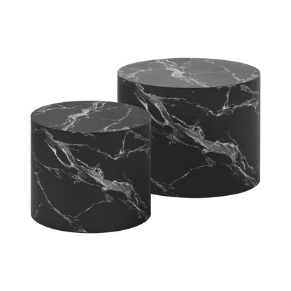 Oikiture Round Coffee Table Set of 2 Marble Effect Black-Coffee Table-PEROZ Accessories