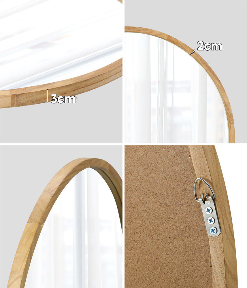 Oikiture Round Wall Mounted Mirror with Wood Frame 50cm-Wall Mirror-PEROZ Accessories