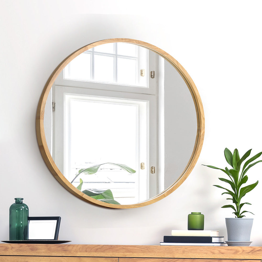 Oikiture Round Wall Mounted Mirror with Wood Frame 50cm-Wall Mirror-PEROZ Accessories