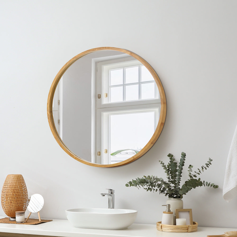 Oikiture Round Wall Mounted Mirror with Wood Frame 50cm-Wall Mirror-PEROZ Accessories
