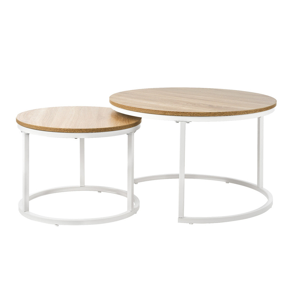 Oikiture Set of 2 Nesting Coffee Table Round Natural &amp; White-Coffee Table-PEROZ Accessories