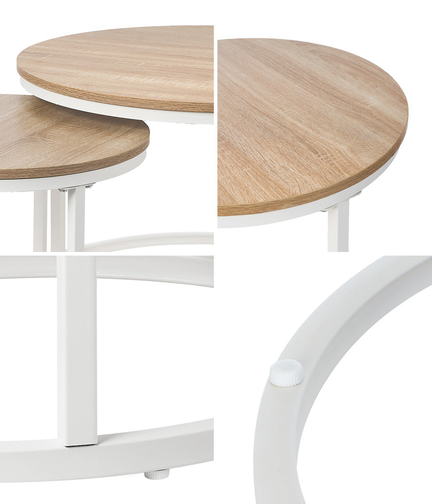 Oikiture Set of 2 Nesting Coffee Table Round Natural &amp; White-Coffee Table-PEROZ Accessories