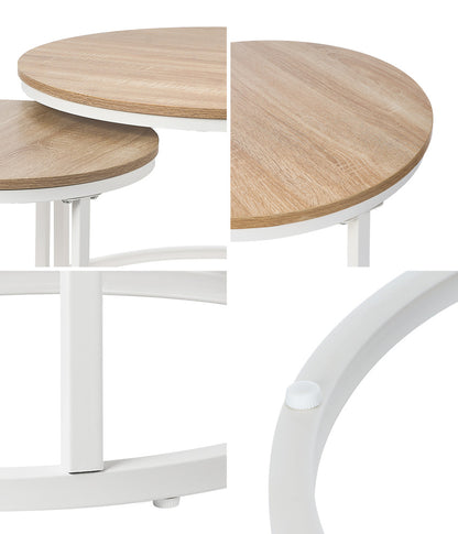 Oikiture Set of 2 Nesting Coffee Table Round Natural &amp; White-Coffee Table-PEROZ Accessories