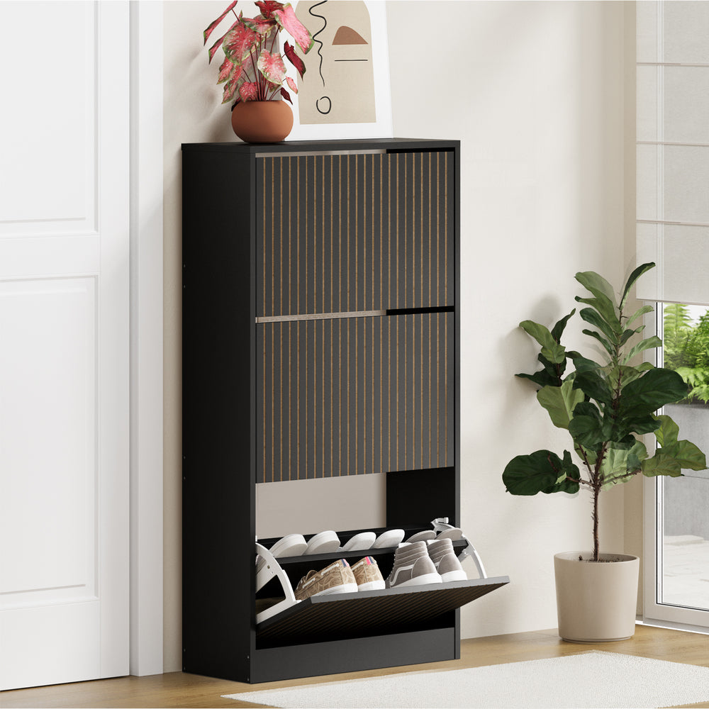 Oikiture Shoe Rack Storage Cabinet 3 Compartments Black-Shoe Storage Cabinet-PEROZ Accessories