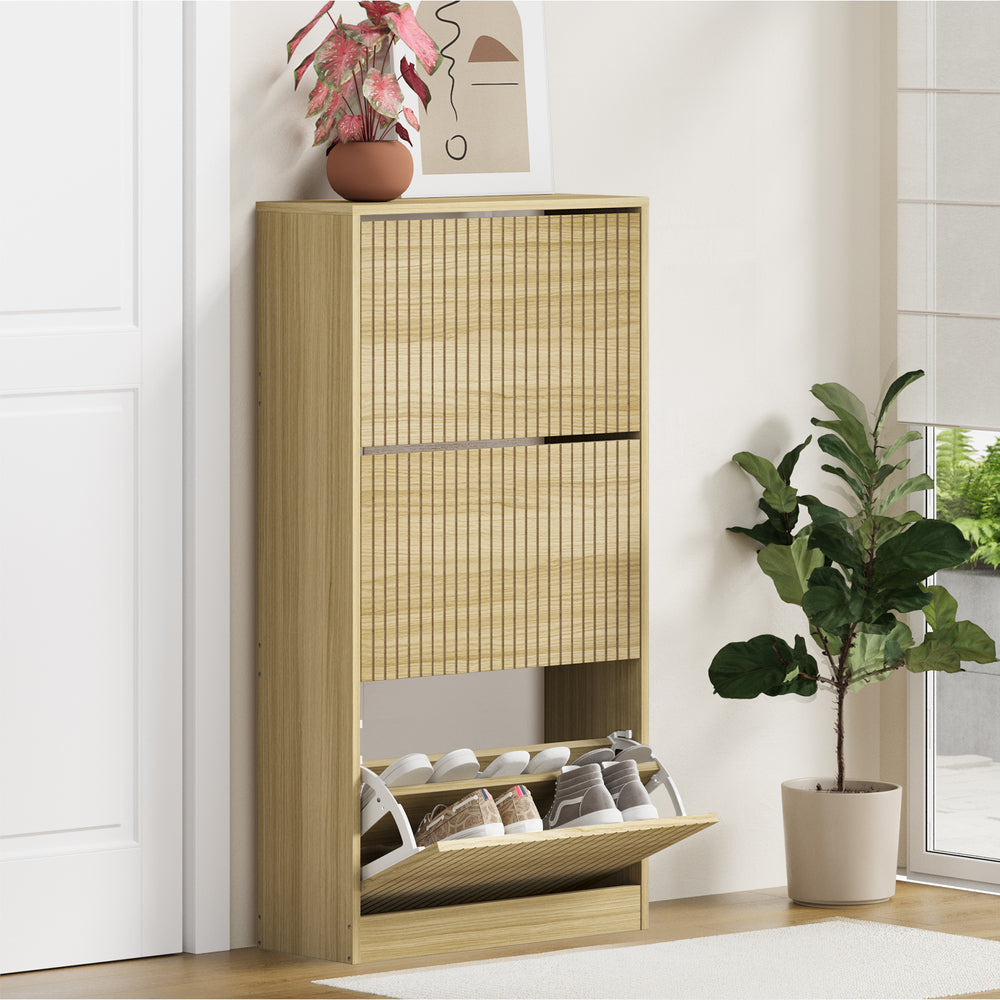 Oikiture Shoe Rack Storage Cabinet 3 Compartments Natural-Shoe Storage Cabinet-PEROZ Accessories