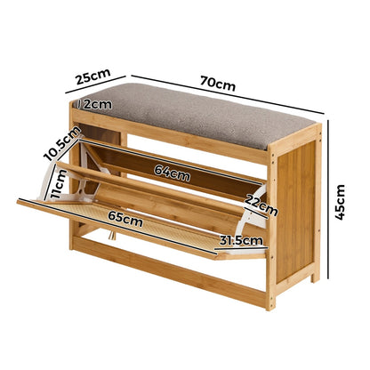 Oikiture Shoe Storage Bench Bamboo Organiser Shelf with Seat 70cm-Shoe Bench-PEROZ Accessories