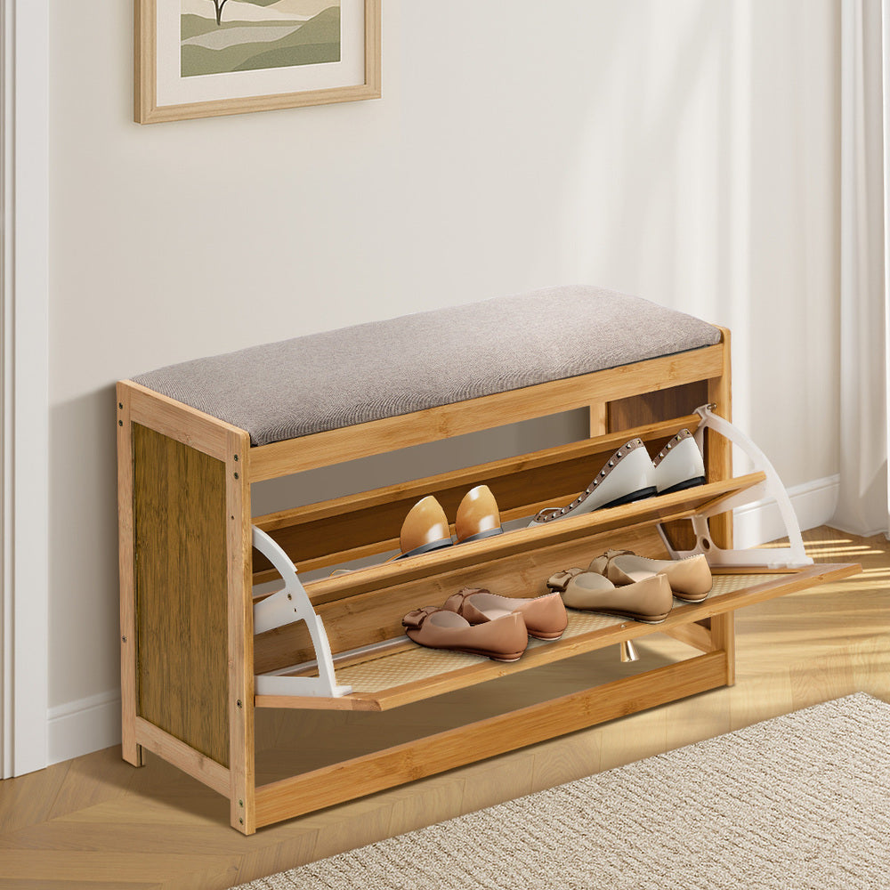 Oikiture Shoe Storage Bench Bamboo Organiser Shelf with Seat 70cm-Shoe Bench-PEROZ Accessories