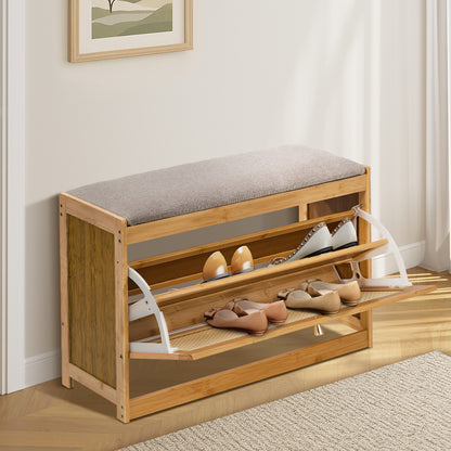 Oikiture Shoe Storage Bench Bamboo Organiser Shelf with Seat 70cm-Shoe Bench-PEROZ Accessories