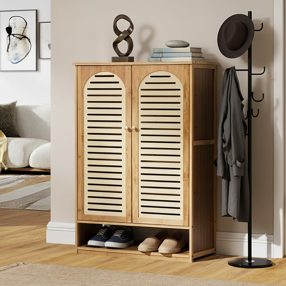 Oikiture Shoe Storage Cabinet 2 Doors Bamboo Shoe Shelf Beige-Shoe Storage Cabinet-PEROZ Accessories