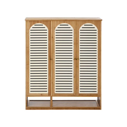 Oikiture Shoe Storage Cabinet 3 Doors Bamboo Shoe Shelf Beige-Shoe Storage Cabinet-PEROZ Accessories