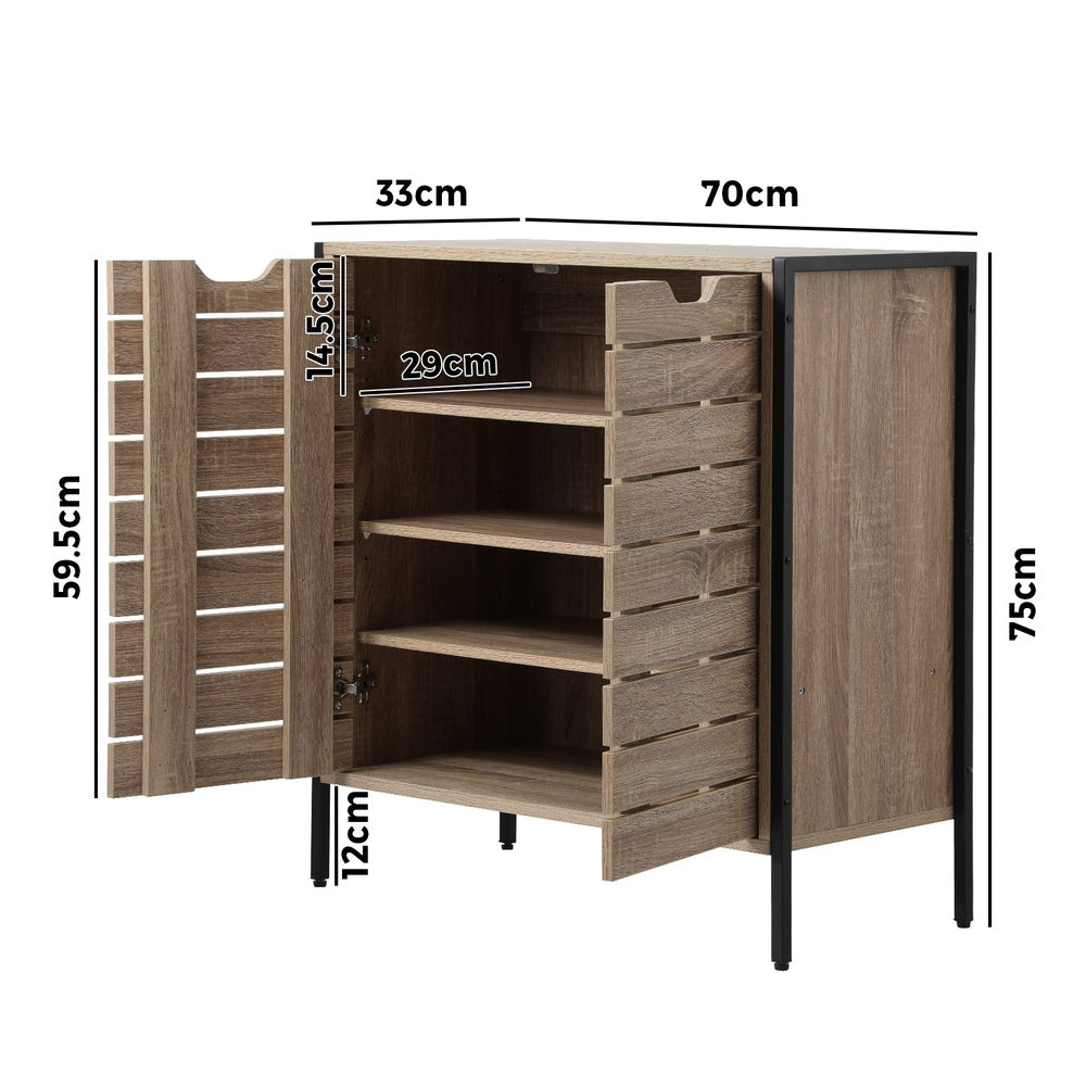 Oikiture Shoes Storage Cabinet 2 Slatted Doors 4 Shelves Brown-Shoe Storage Cabinet-PEROZ Accessories