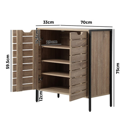 Oikiture Shoes Storage Cabinet 2 Slatted Doors 4 Shelves Brown-Shoe Storage Cabinet-PEROZ Accessories