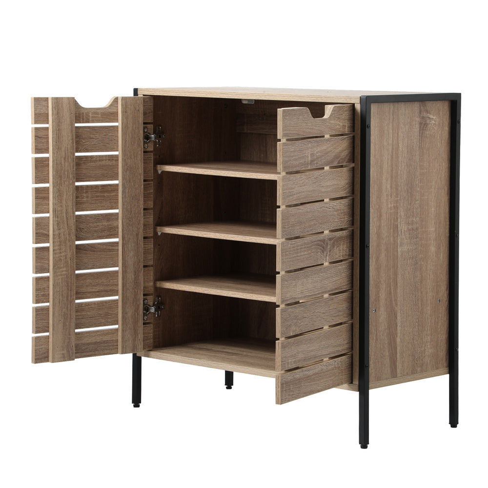Oikiture Shoes Storage Cabinet 2 Slatted Doors 4 Shelves Brown-Shoe Storage Cabinet-PEROZ Accessories