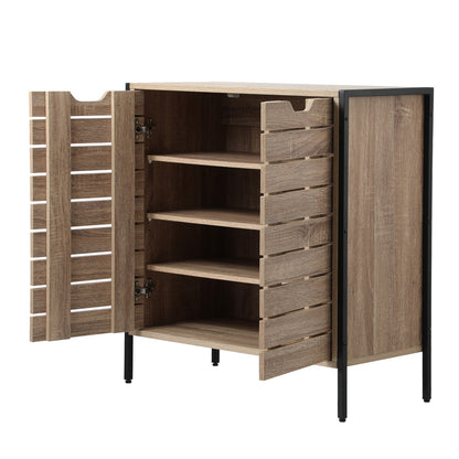 Oikiture Shoes Storage Cabinet 2 Slatted Doors 4 Shelves Brown-Shoe Storage Cabinet-PEROZ Accessories