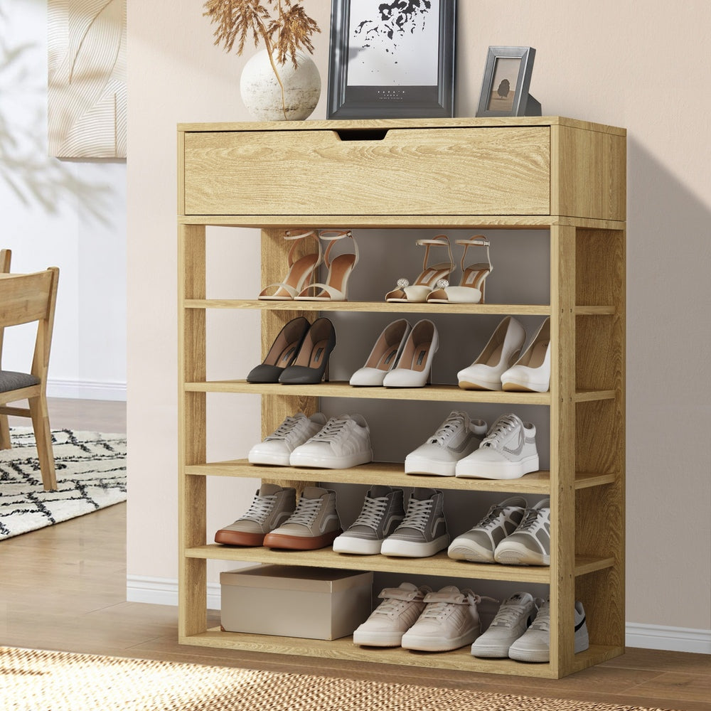 Oikiture Shoes Storage Rack 5-tier Shelves with Drawer Natural-Shoe Storage Cabinet-PEROZ Accessories
