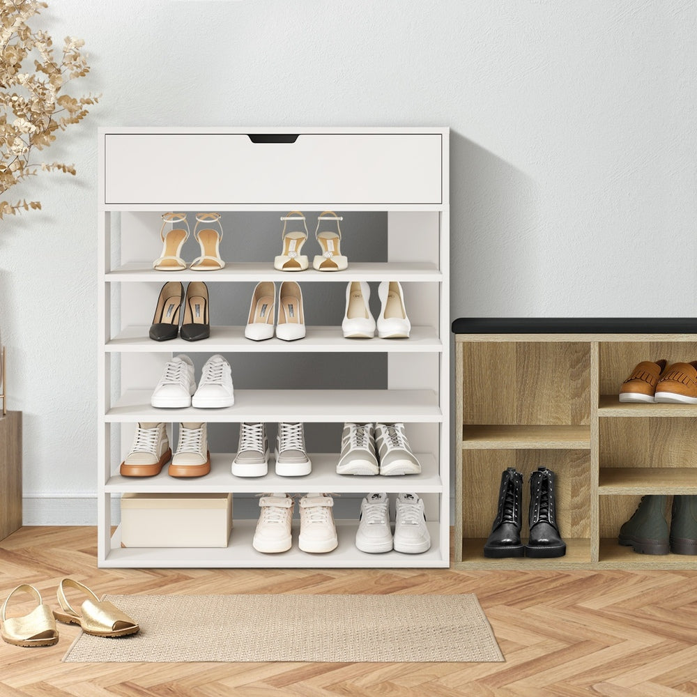 Oikiture Shoes Storage Rack 5-tier Shelves with Drawer White-Shoe Storage Cabinet-PEROZ Accessories