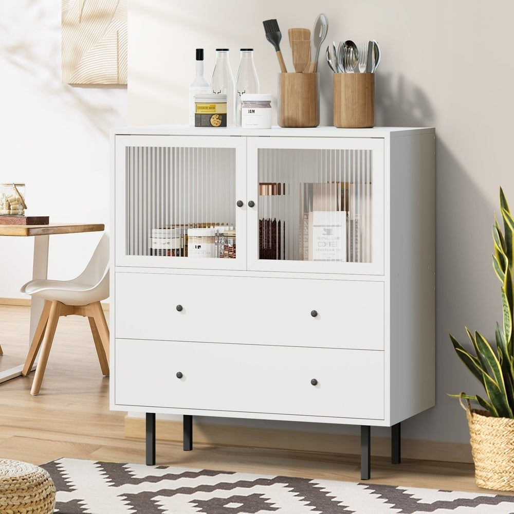 Oikiture Sideboard Buffet Tempered Glass Door 2 Drawers White-Sideboard-PEROZ Accessories