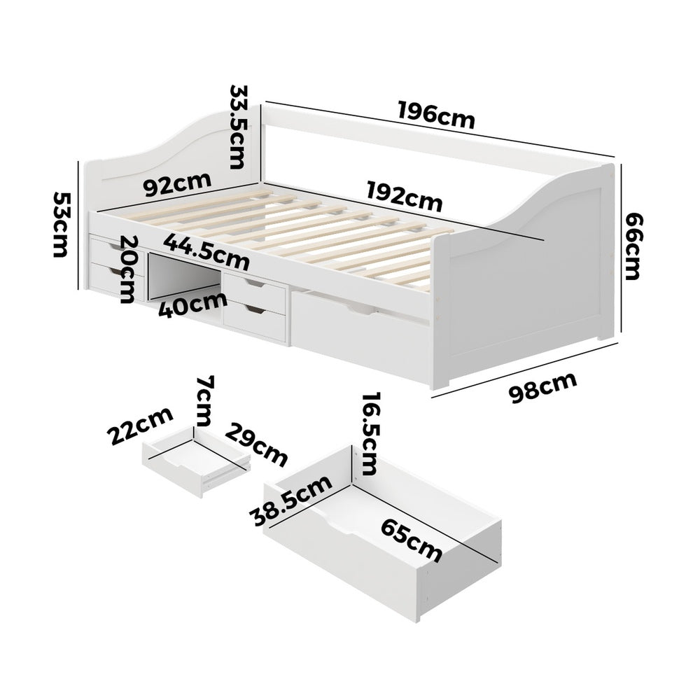 Oikiture Single Kids Bed Frame with Trundle Storage Drawers Timber White-Wooden Bed Frame-PEROZ Accessories