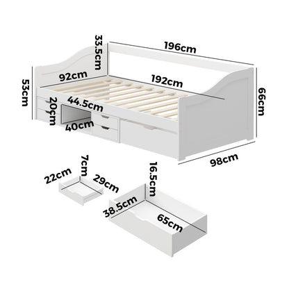 Oikiture Single Kids Bed Frame with Trundle Storage Drawers Timber White-Wooden Bed Frame-PEROZ Accessories