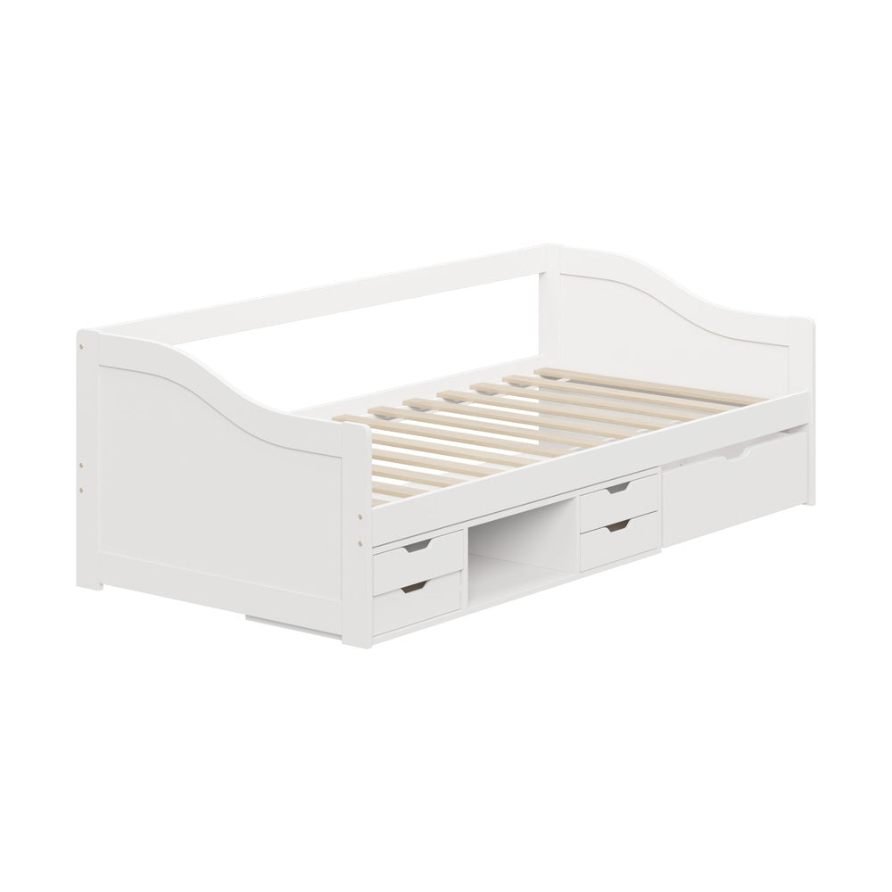 Oikiture Single Kids Bed Frame with Trundle Storage Drawers Timber White-Wooden Bed Frame-PEROZ Accessories