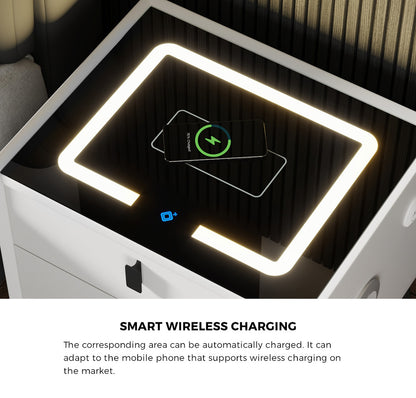 Oikiture Smart Bedside Table LED Wireless Charging 2 Drawers White-Bedside Table-PEROZ Accessories