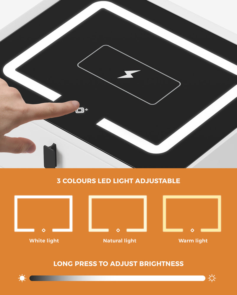 Oikiture Smart Bedside Table LED Wireless Charging 2 Drawers White-Bedside Table-PEROZ Accessories