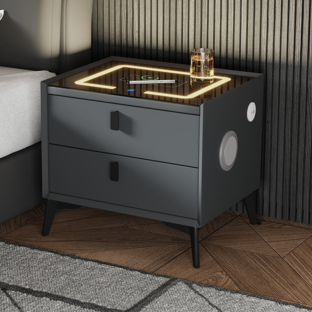 Oikiture Smart Bedside Table Wireless Charging LED 2 Drawers Grey-Bedside Table-PEROZ Accessories