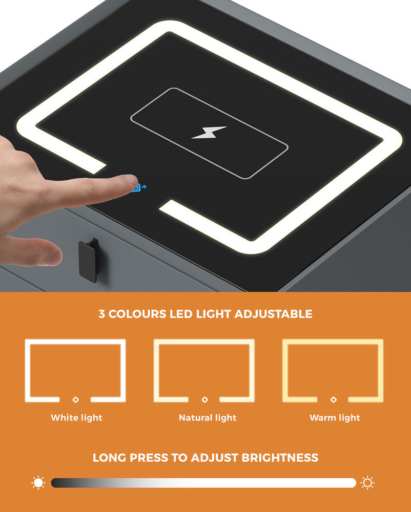 Oikiture Smart Bedside Table Wireless Charging LED 2 Drawers Grey-Bedside Table-PEROZ Accessories