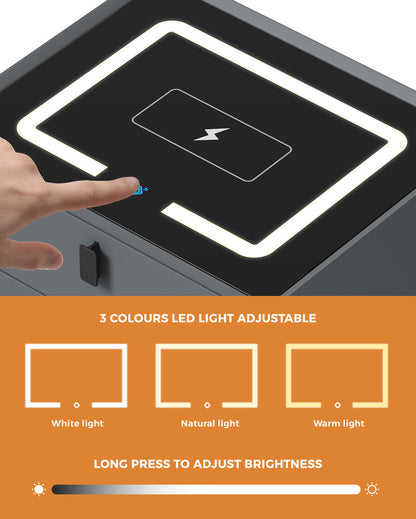 Oikiture Smart Bedside Table Wireless Charging LED 2 Drawers Grey-Bedside Table-PEROZ Accessories