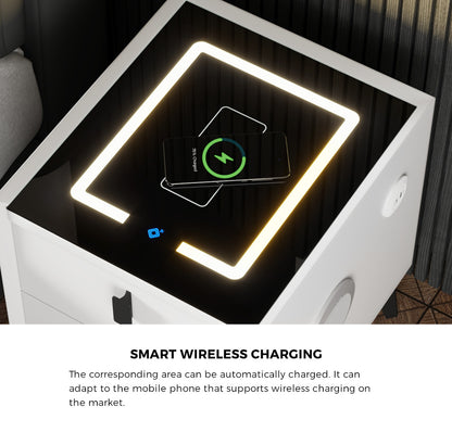 Oikiture Smart Bedside Table Wireless Charging LED 2 Drawers White-Bedside Table-PEROZ Accessories