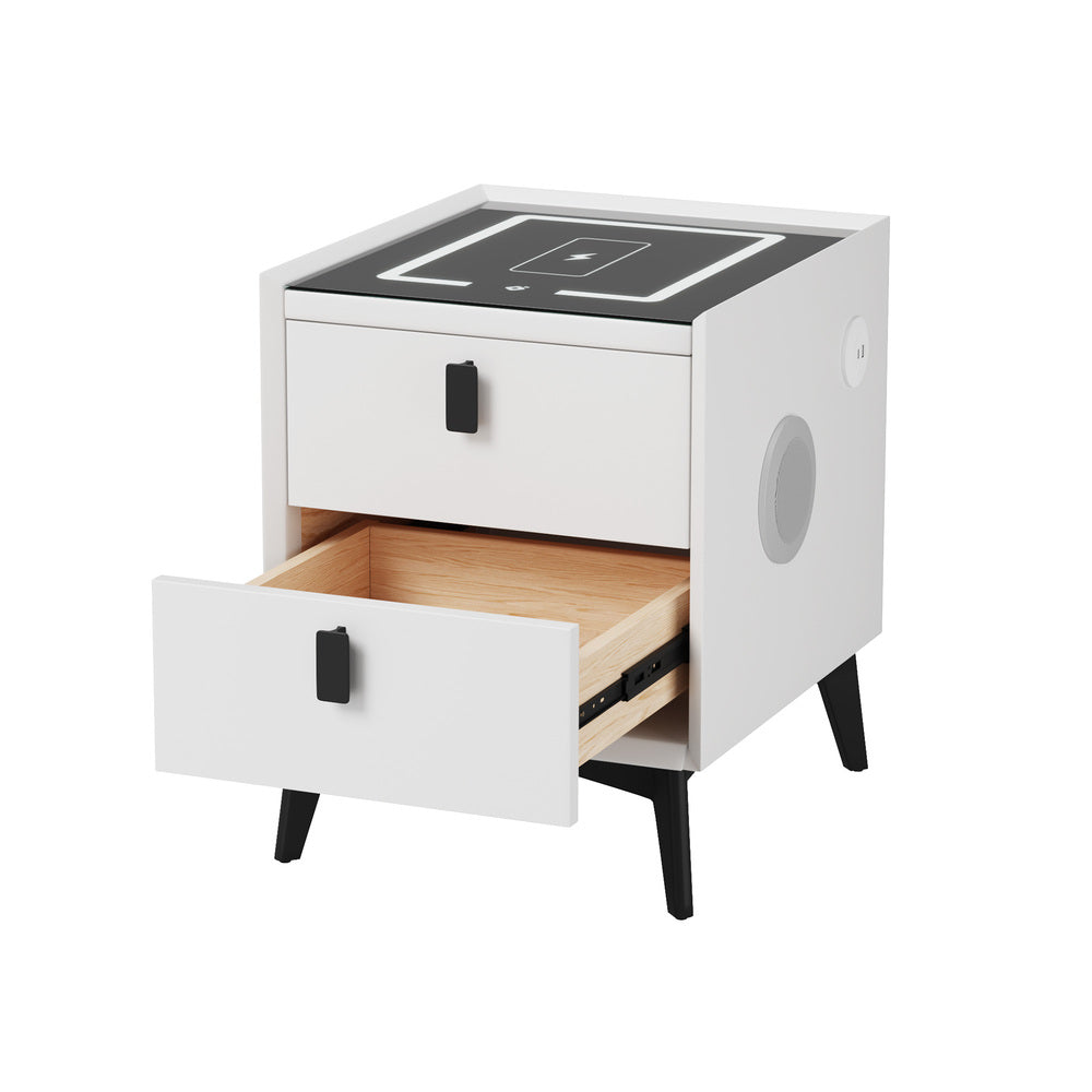 Oikiture Smart Bedside Table Wireless Charging LED 2 Drawers White-Bedside Table-PEROZ Accessories