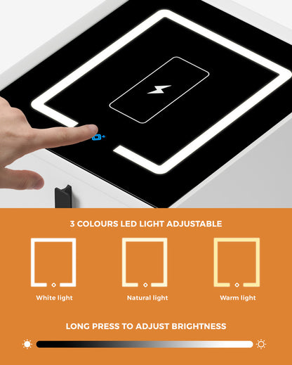 Oikiture Smart Bedside Table Wireless Charging LED 2 Drawers White-Bedside Table-PEROZ Accessories