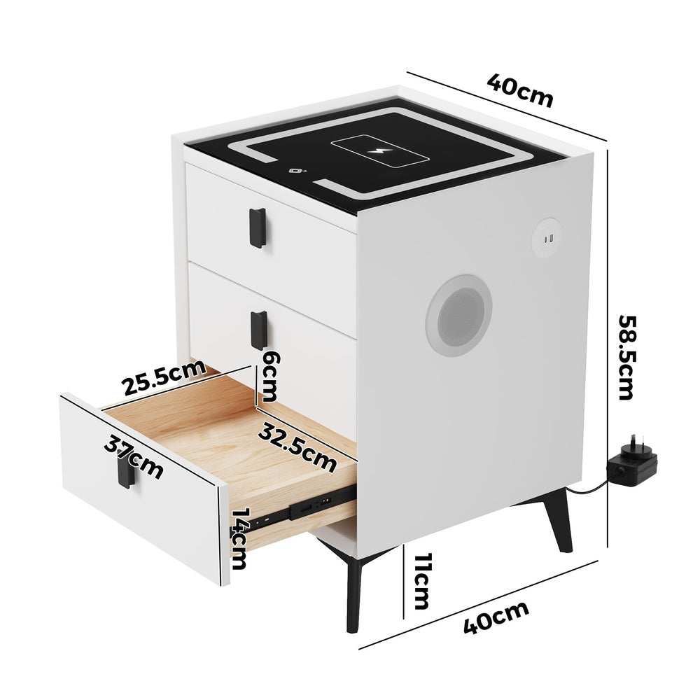 Oikiture Smart Bedside Table Wireless Charging LED 3 Drawers White-Bedside Table-PEROZ Accessories