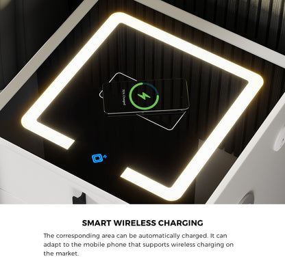 Oikiture Smart Bedside Table Wireless Charging LED 3 Drawers White-Bedside Table-PEROZ Accessories