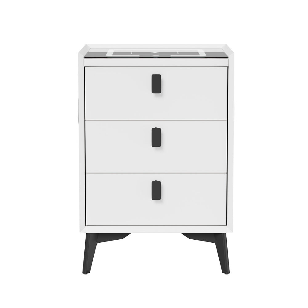 Oikiture Smart Bedside Table Wireless Charging LED 3 Drawers White-Bedside Table-PEROZ Accessories