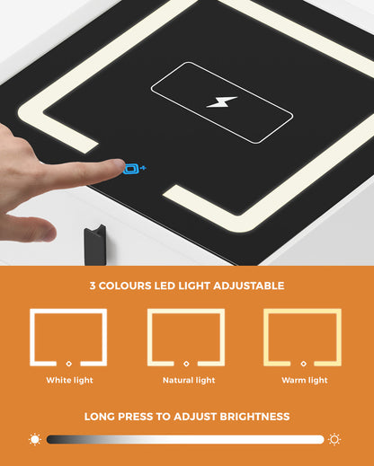 Oikiture Smart Bedside Table Wireless Charging LED 3 Drawers White-Bedside Table-PEROZ Accessories