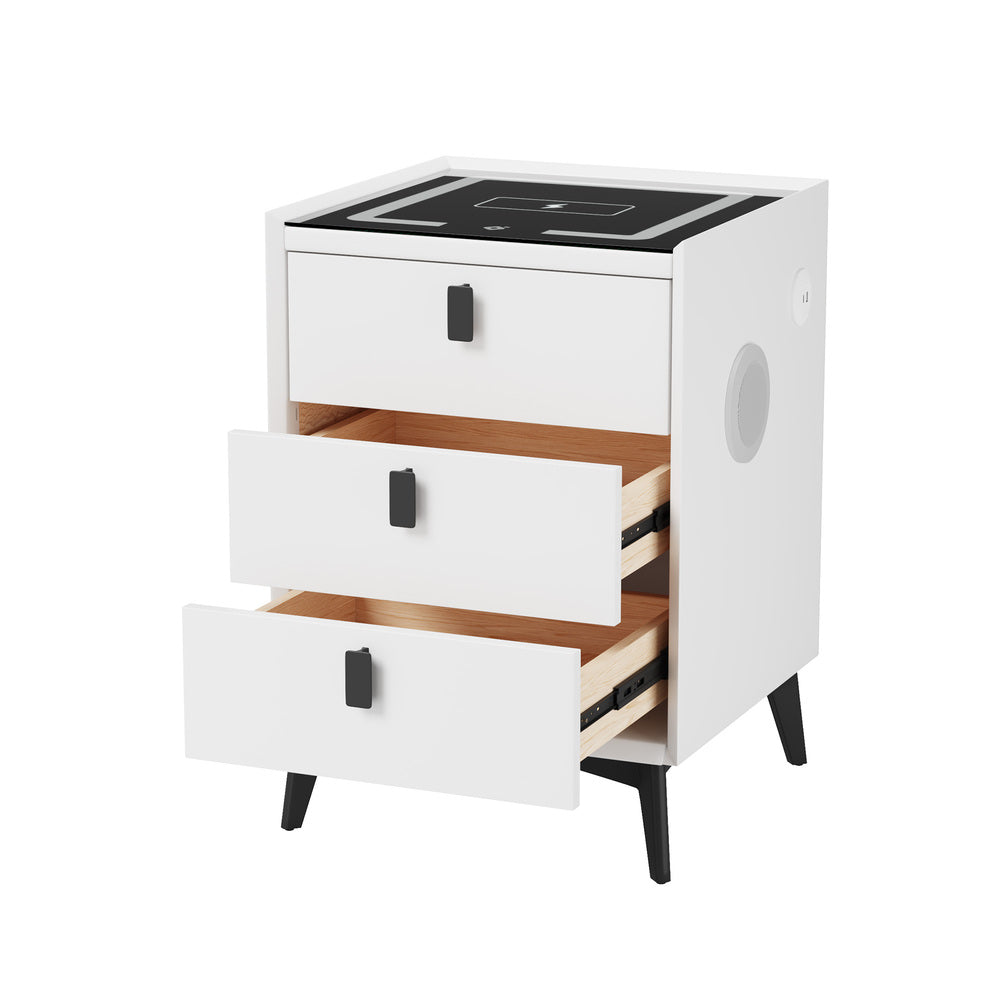 Oikiture Smart Bedside Table Wireless Charging LED 3 Drawers White-Bedside Table-PEROZ Accessories