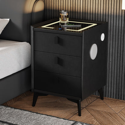 Oikiture Smart Bedside Table Wireless Charging LED Lights 3 Drawers Black-Bedside Tables-PEROZ Accessories