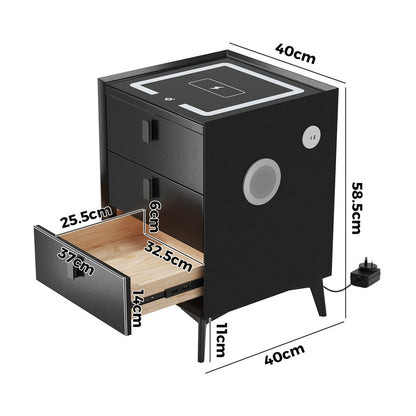 Oikiture Smart Bedside Table Wireless Charging LED Lights 3 Drawers Black-Bedside Tables-PEROZ Accessories