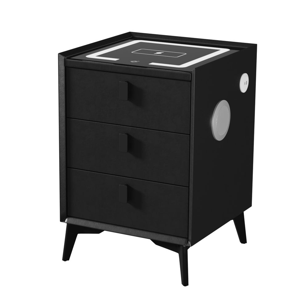 Oikiture Smart Bedside Table Wireless Charging LED Lights 3 Drawers Black-Bedside Tables-PEROZ Accessories