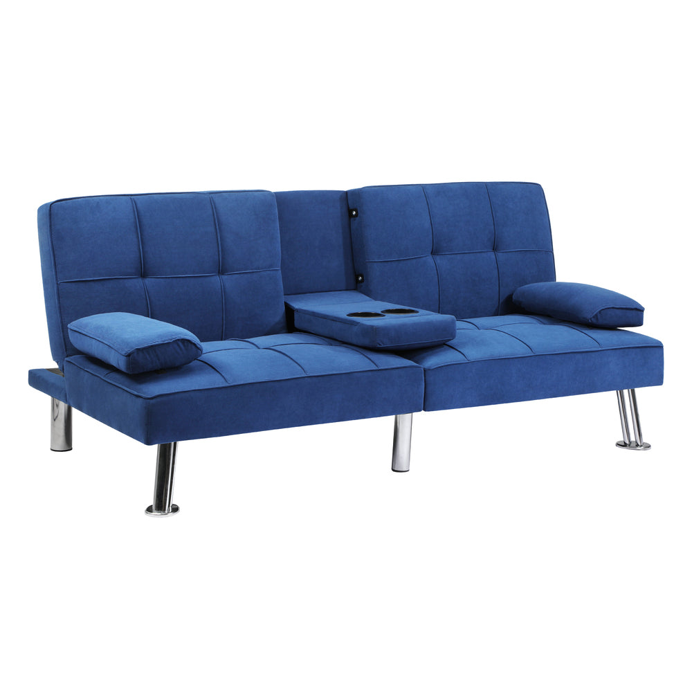 Oikiture Sofa Bed 3 Seater with Cup Holder Velvet Blue-Sofa Bed-PEROZ Accessories