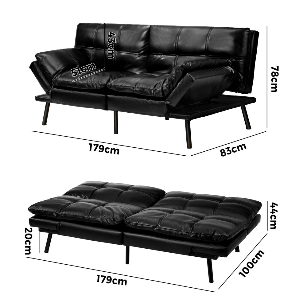 Oikiture Sofa Bed Futon Lounge Couch Convertible Leather 3-Seater Black-Sofa Bed-PEROZ Accessories