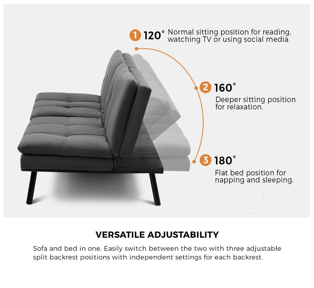 Oikiture Sofa Bed Futon Lounge Couch Convertible Polyester 3-Seater Grey-Sofa Bed-PEROZ Accessories